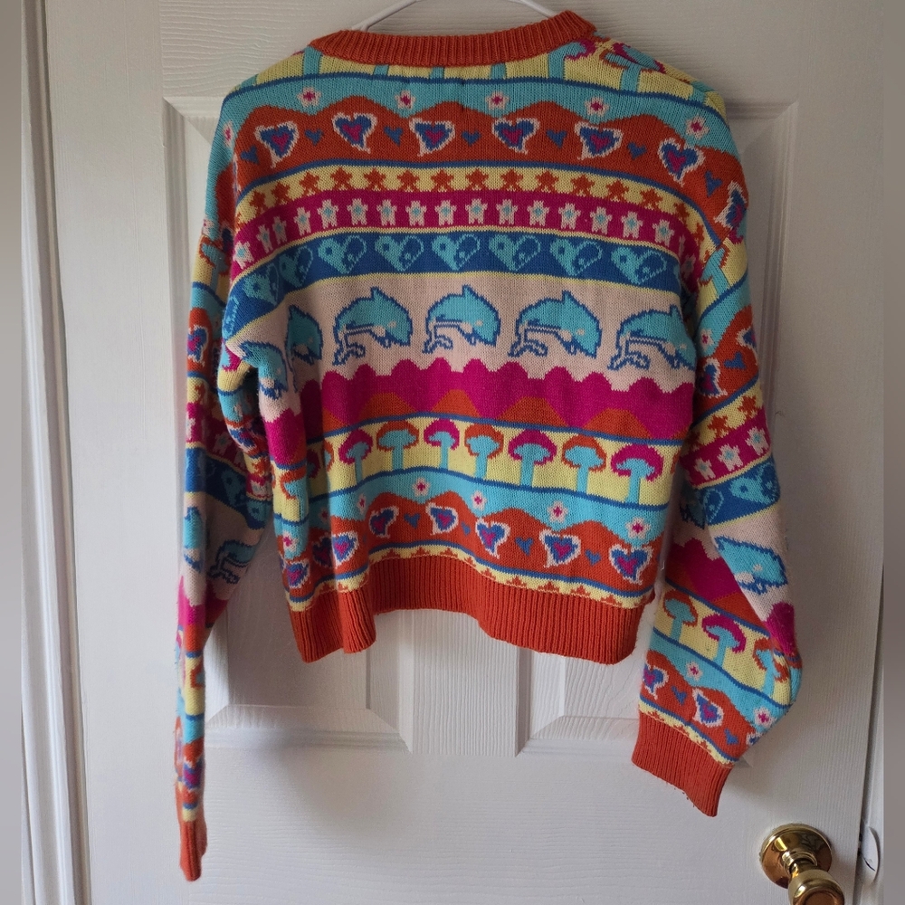 ASOS Patchwork Cardigan Sz 2 Dolphin Mushroom Rare Crew Neck Cottagecore - Picture 4 of 6